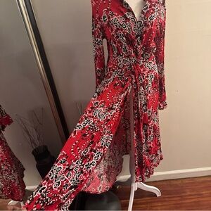 Free People Red and Black Floral Long Sleeve Dress